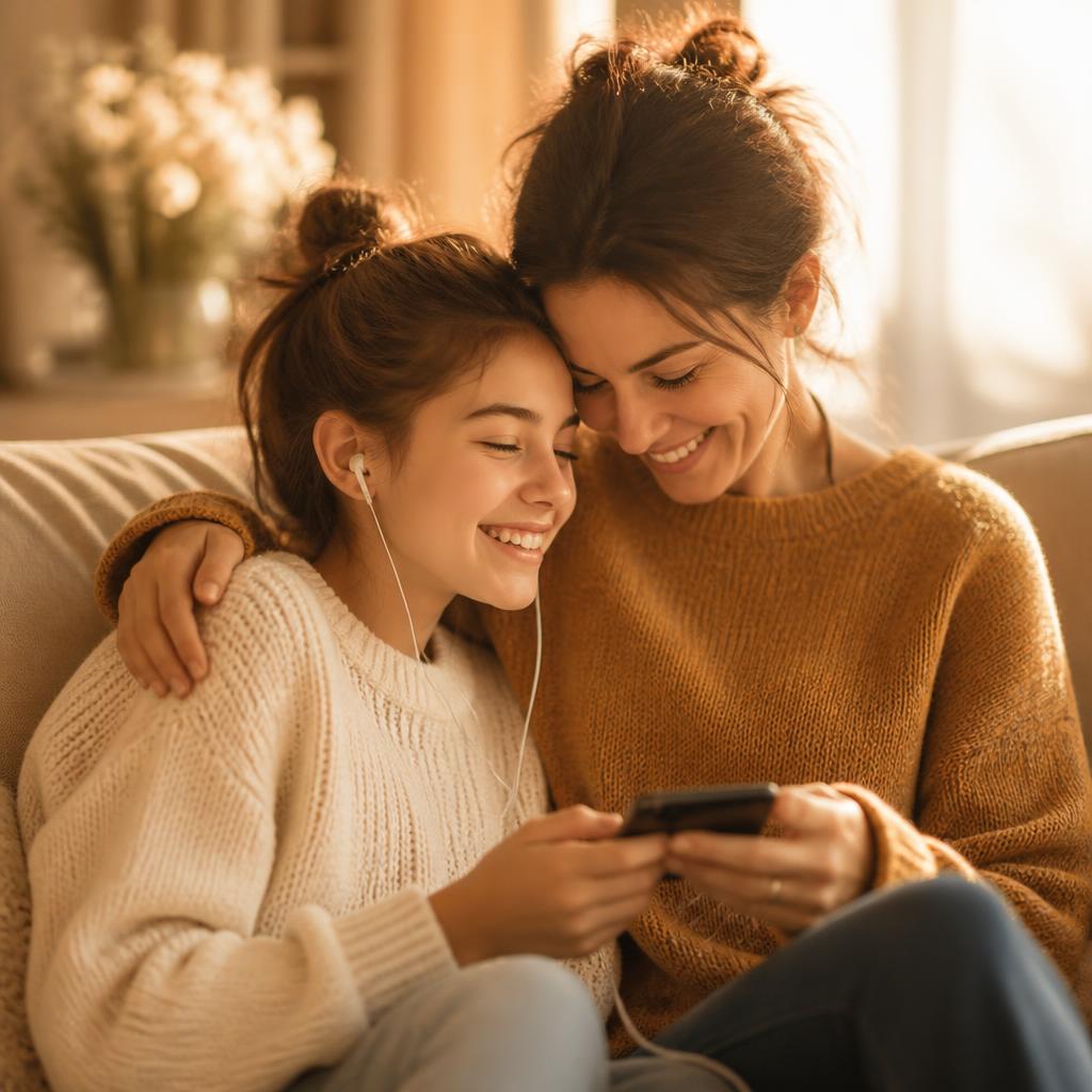 Une mère et sa fille partagent une chanson personnalisée en souriant