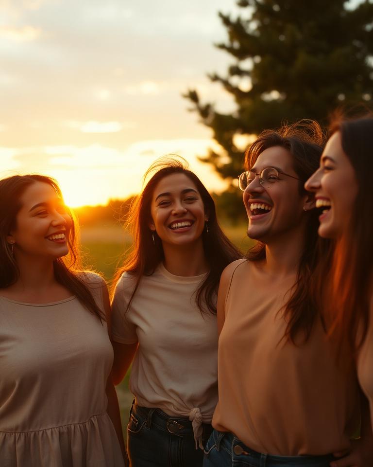 Un groupe d'amis qui rit dehors au crépuscule
