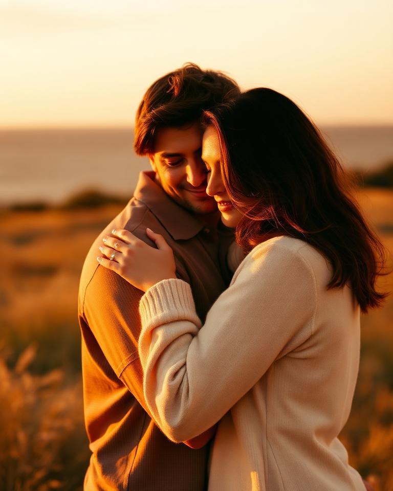 Un couple enlacé au coucher du soleil