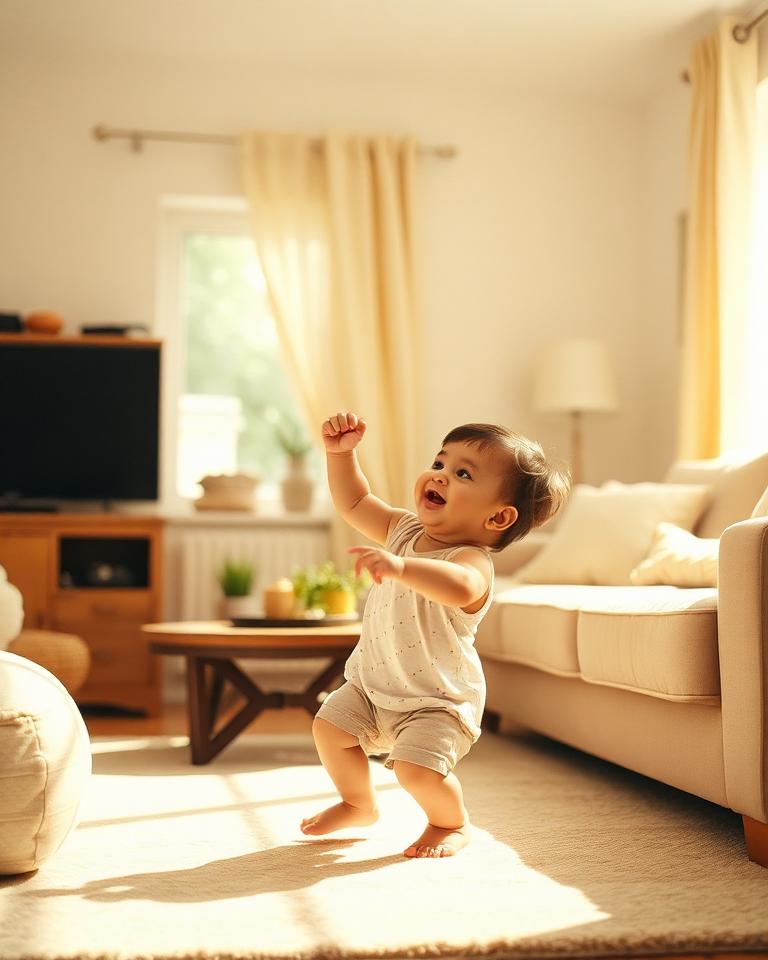 Un jeune enfant qui danse dans un salon ensoleillé